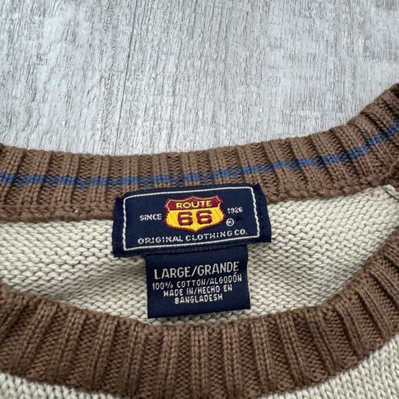Vintage Route 66 Sweater Men's Large Beige Brown Knit Crewneck y2k Cotton NEW - Picture 4 of 6
